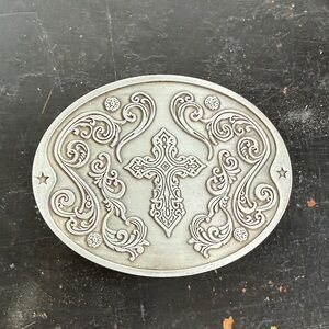 Silver Ornate Cross Belt Buckle Beer Holder